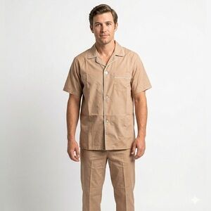 VINTAGE 70s Sears Perma-Prest Pajama Set | Deadstock Grandpacore Tan, M